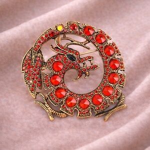 Red Dragon Crystal Gold Brooch